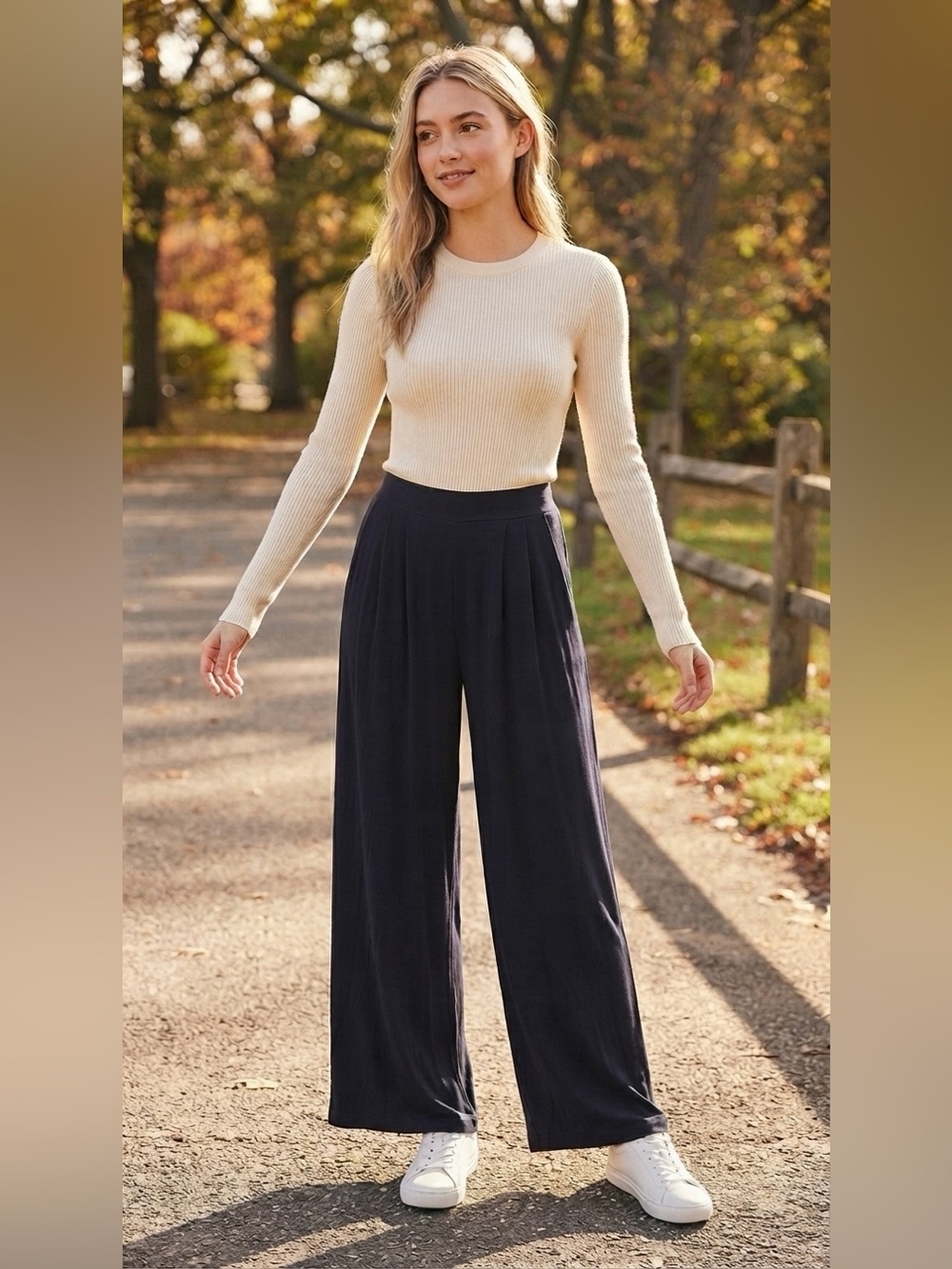 Women’s Black Self-Double Layer Wide Leg Pants Medium